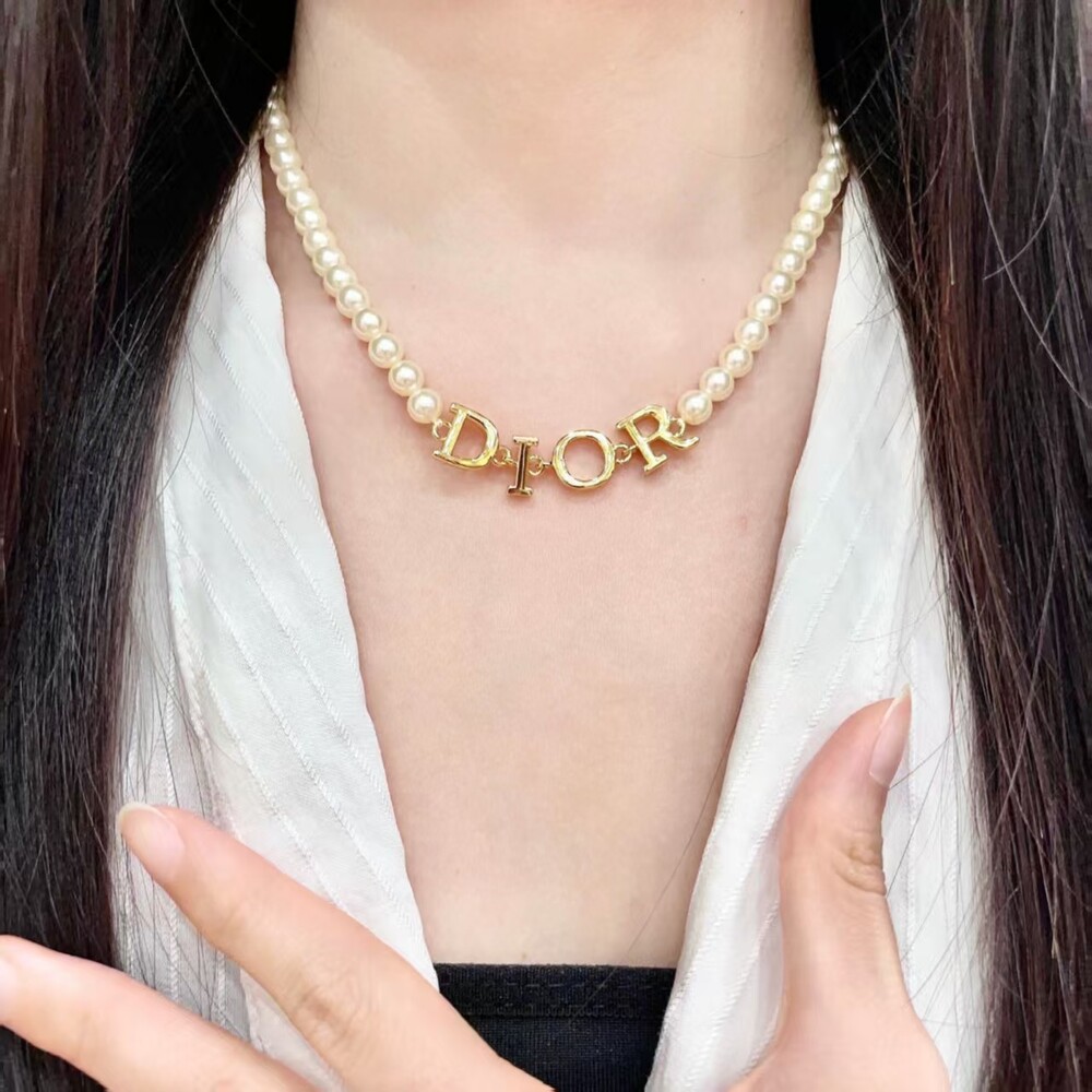 Dior Pearl Chain Letter Logo Choker Necklace
